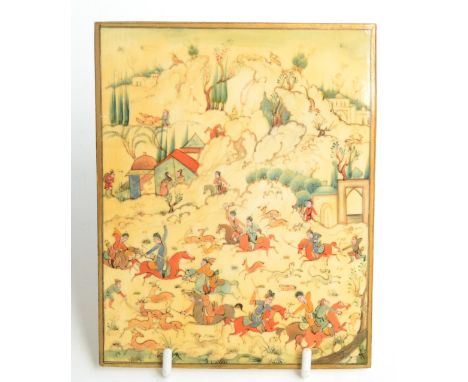 A Persian miniature hunting scene on ivory tablet, 12.9 x 10.1cm, signed. 