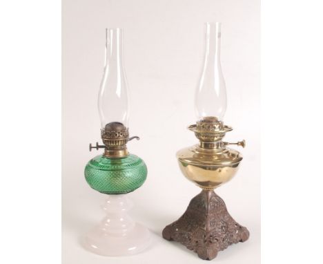 A brass and cast iron oil lamp late 19th/20th century, impressed F.S. & Co. to base, total height 55.5cm and a Duplex-Brenner