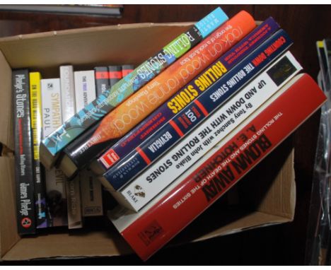 A box of Rolling Stones related books including "Blown Away" by A.E. Hotchner.