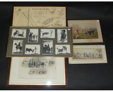 A selection of prints and engravings including 'Monstrosities of 1783 & 1823', a framed set of Picasso prints, a Harrington B