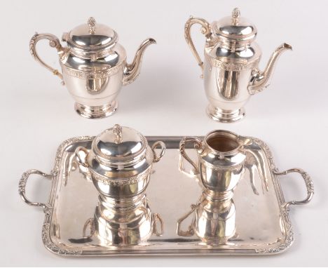 A good French plated four piece tea and coffee service, each piece with a band of floral chased decoration, together with a m