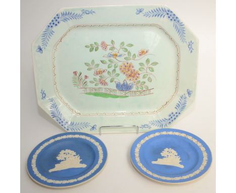 A pair of Copeland Spode blue jasper plates, decorated with dogs in a country scene, diameter 19cm and a Royal Ivory Adams 'C