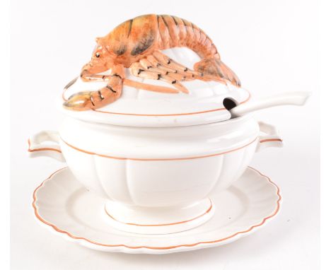 An Italian pottery lobster tureen, with oval stand and ladle, height 25cm. 