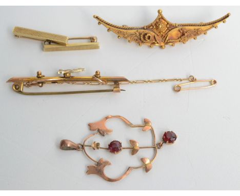 A 9ct gold bar brooch mounted with a pearl set swallow, three other gold brooches and a gold pendant. 
