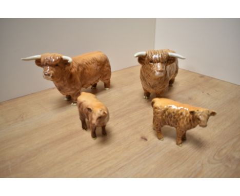 Two Beswick Pottery Highland Bulls, model number 2008 in tan/brown gloss, together with two Beswick Pottery Highland Calfs nu