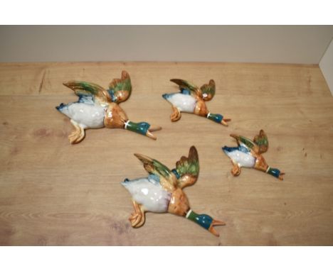 A group of four graduating Beswick Pottery flying mallard wall plaques, 596-1 (repair to wing) 596-2, 596-3 (repair to feet) 