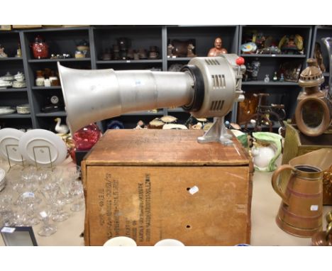 A vintage mountable loud speaker with wooden crate.