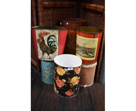 A group of vintage paper bins and an umbrella stand, to include a Worcester ware Cockerel bin