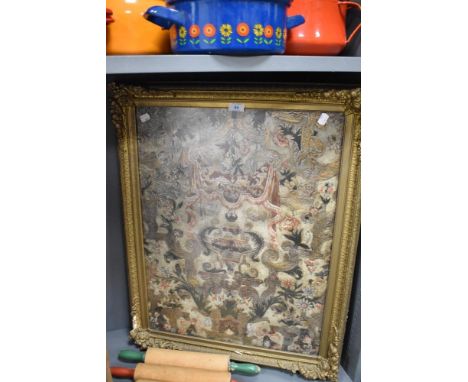 An interesting embossed Cordoban leather panel, displayed within an ornate gilt wood frame, 65cm x 78cm
