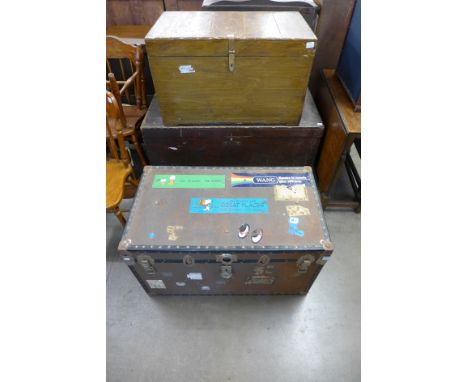 Two pine blanket chests and a steamer trunk