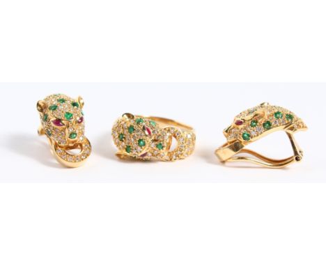 A 14CT GOLD PANTHER RING AND EAR CLIPS, set with emeralds and diamonds.