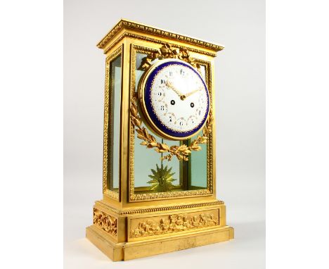 A LARGE 19TH CENTURY FRENCH FOUR GLASS CLOCK by RAINGO FRES., PARIS. NO. 403 with eight day movement, enamel dial with blue s