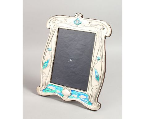 A LARGE SILVER AND BLUE ENAMEL KINGFISHER PHOTOGRAPH FRAME. 11.5ins x 9.5ins.