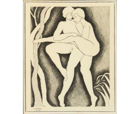 T… Aubey (20th Century) British. Adam and Eve, Print, Signed and Dated '4.77' within Print, 12.25" x 9.75".