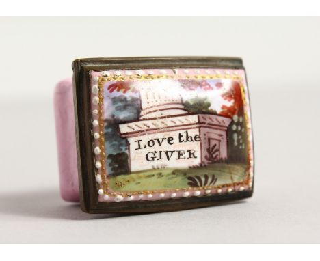 A BILSTON ENAMEL PATCH BOX "Love the Giver". 1.25ins.
