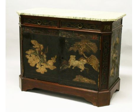 A GOOD LOUIS XVTH STRAIGHT FRONTED COMMODE with Chinese lacquer panels, veined marble top, two small drawers over double pane