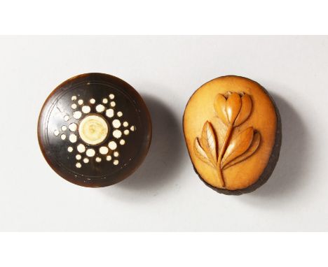 A CARVED NUT AND A CIRCULAR SNUFF BOX (2).