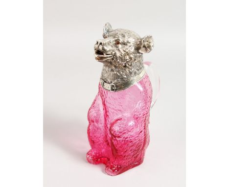 A VERY GOOD LARGE RUBY AND GILT PLATE BEAR CLARET JUG with plate head and collar. 9ins high.