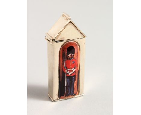 A NOVLETY SILVER AND ENAMEL SENTRY BOX VESTA.