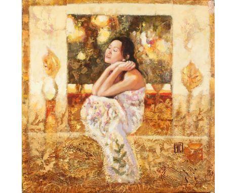 Yves Charreton (1953-    ) French. "Sophie la belle endormie I", Study of a Woman seated on a Step, Mixed Media, Signed with 