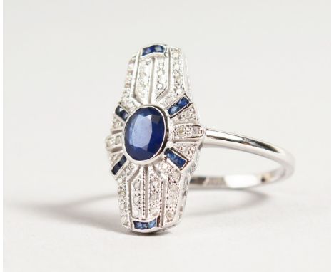 A 9CT GOLD SAPPHIRE AND DIAMOND ART DECO DESIGN RING.