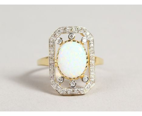 A GOOD 9CT GOLD OPAL AND DIAMOND RING.