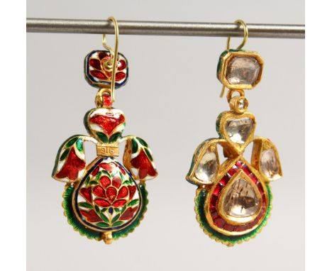 A PAIR OF DIAMOND AND ENAMEL&nbsp;DROP EARRINGS, large diamond and four other diamonds, the backs with red and white enamelli