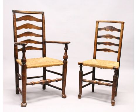 A MATCHED SET OF SIX 19TH CENTURY ASH AND ELM LADDER BACK DINING CHAIRS, two with arms, with rush seats, on turned and stretc