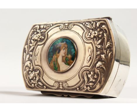 AN ART NOUVEAU SILVER BOX, the lid with an enamel of a young lady. Birmingham 1902. 5ins long.
