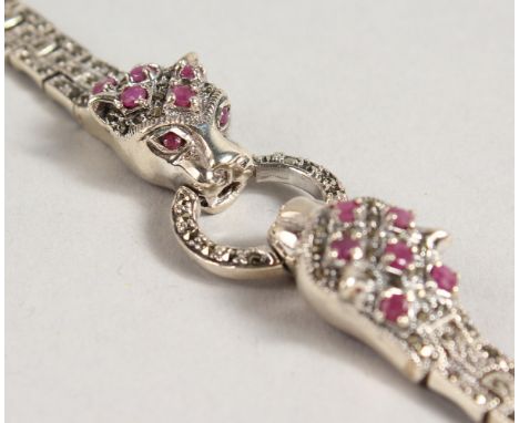 A RUBY AND MARCASITE SET PANTHER BRACELET.