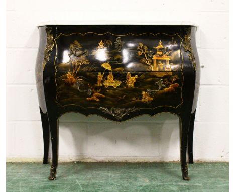 A GOOD LOUIS XVITH STYLE LACQUER BOMBE FRONTED COMMODE with white marble top, two deep drawers with ormolu mounts and handles