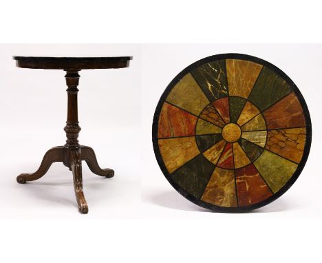 A REGENCY STYLE CIRCULAR TRIPOD TABLE, the slate top with faux segmented marble decoration. 2ft 0ins diameter x 2ft 5ins high