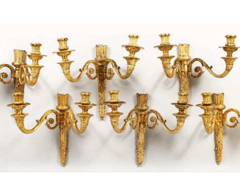 AN IMPORTANT SET OF SIX ORMOLU TWO LIGHT WALL SCONCES by FRANCOIS LINKE, all signed F. Linke, all with acanthus and scrolls. 