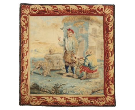 A Flemish tapestry panel, 19th century, Woven in wools and silks, depicting a man stood beside a well with a seated figure an
