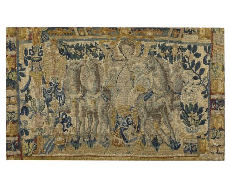 A Flemish tapestry border fragment,Possibly Brussels, 17th century, Woven in wools and silks, depicting a four-horse chariot 