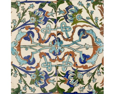 A framed polychrome Iznik-style pottery four tile panel, Metin Cini, Hakki Cinicoglu, Kutahya, Turkey, 20th century, An inter