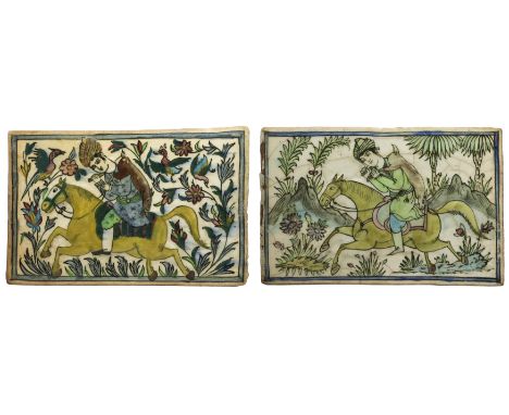 Two rectangular polychrome pottery tiles, Iran, 20th century, A mounted hunter carrying an antelope on his back returns from 