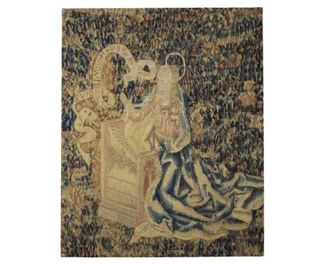 A Flemish millefleurs tapestry fragment of St. Cecilia, First half 16th century, Woven in wool, the patron saint of music dep