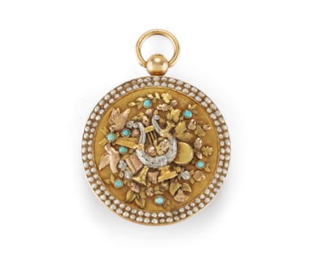 A Swiss three colour gold, turquoise and pearl set open face pocket watch,&nbsp;C.1820,Gilt full plate movement with pierced 