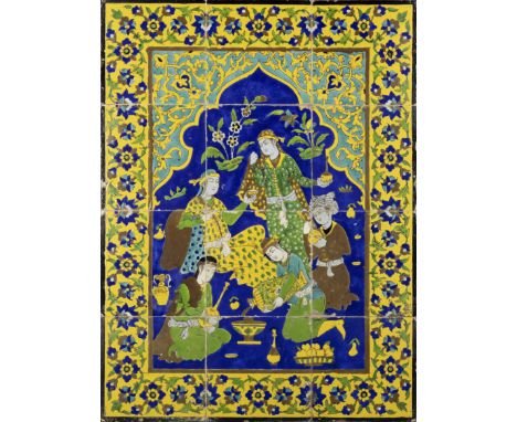 A large polychrome figural pottery tile panel, Qajar Tehran, Iran, late 19th century, Depicting a banqueting scene, under a c