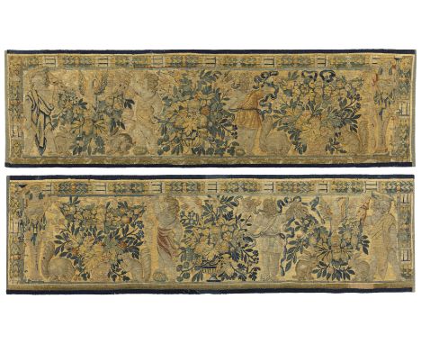 Two Flemish tapestry border fragments,Possibly Brussels, 17th century,&nbsp;Woven wools and silks, each depicting putti amids