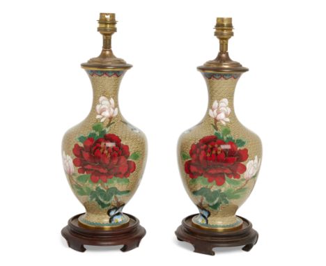 A pair of Chinese cloisonné-enamel vases, mounted as lamps, 20th century, Each decorated with a bright red peony, 25.3cm high