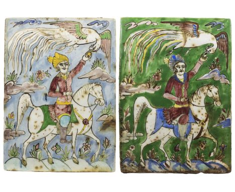 Two rectangular figural pottery tiles, Iran, 20th century, Each painted with a mounted rider in a landscape feeding a simurgh