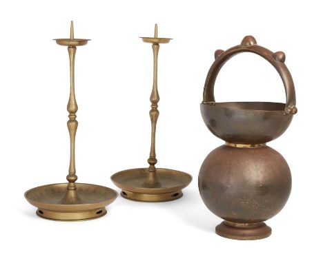 Two brass elements,The first, parts of a larger piece, now fashioned in a candlestick manner, engraved in a loose cursory Ind