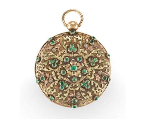 Leroy, Palais Royal, a gold and emerald set open face key wound pocket watch,No. 114, c.1820,Gilt brass full plate verge move