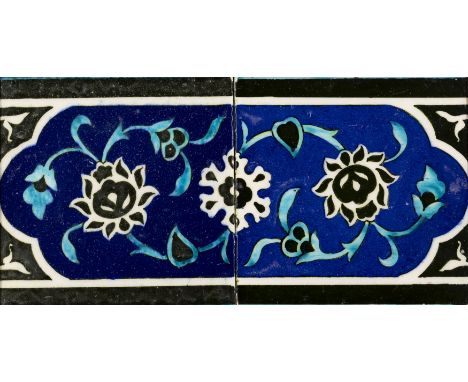 Two Dome of the Rock cobalt and turquoise blue, black and white border pottery tiles, Palestine or Jordan, 20th century, Moun