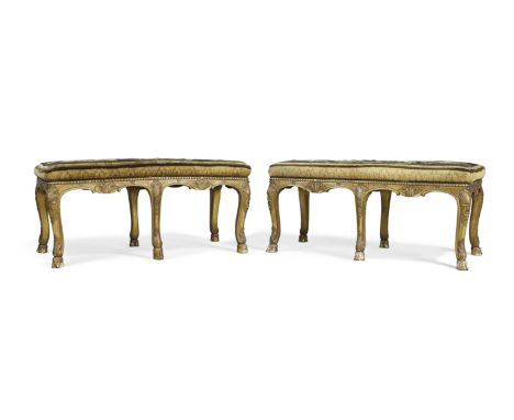A pair of English giltwood stools,Of Regence style, second quarter 19th century, Carved with acanthus capped cabriole legs an