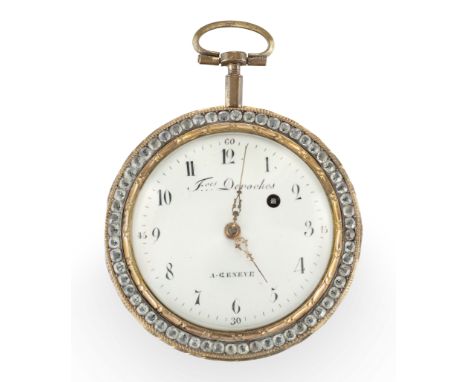 Fr&egrave;res DeRoches, Geneva, a gilt metal, enamel and paste set open face pocket watch,C.1780,Full plate gilt movement wit