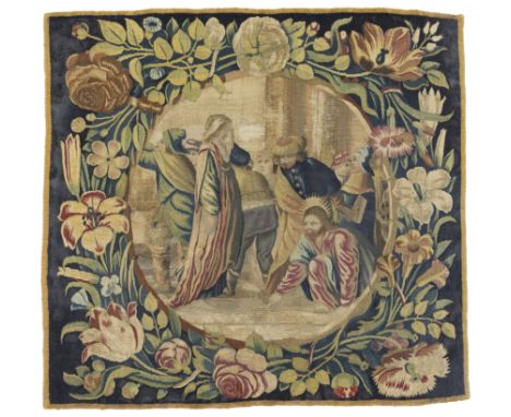A North European biblical tapestry panel,  Possibly Dutch, c.1700, Woven in wools and silks, the central roundel depicting Je