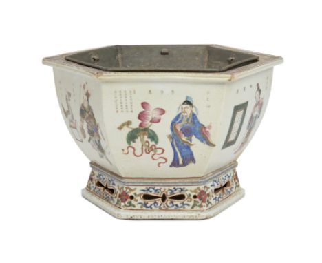 A Chinese famille rose ‘Wu Shuang Pu’ hexagonal jardinière, Qing dynasty, mid-19th century, Finely painted to each side with 